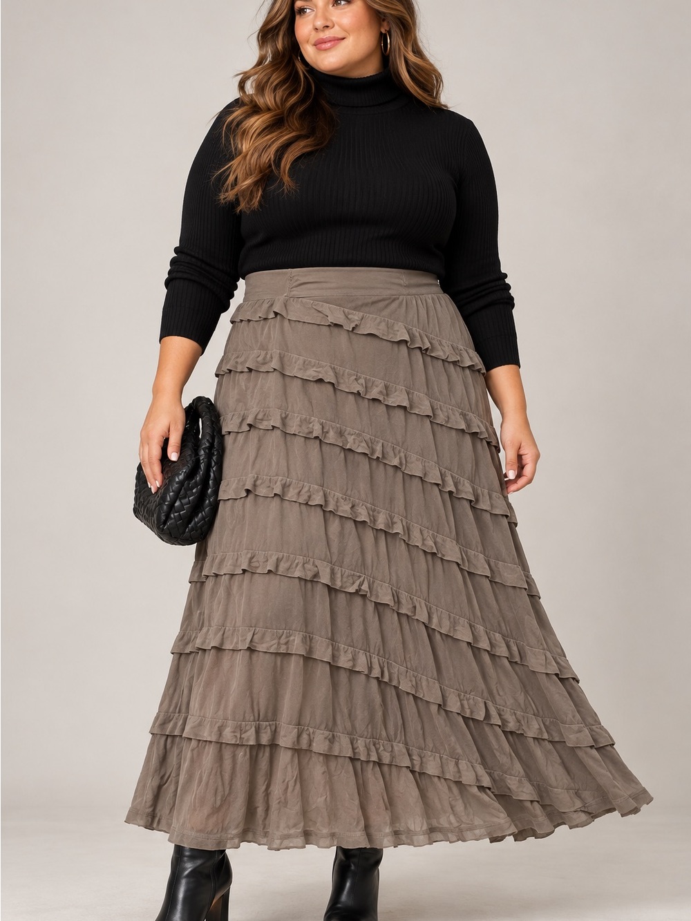 INC International Concepts Taupe/gray Ruffle-Tier Maxi Skirt